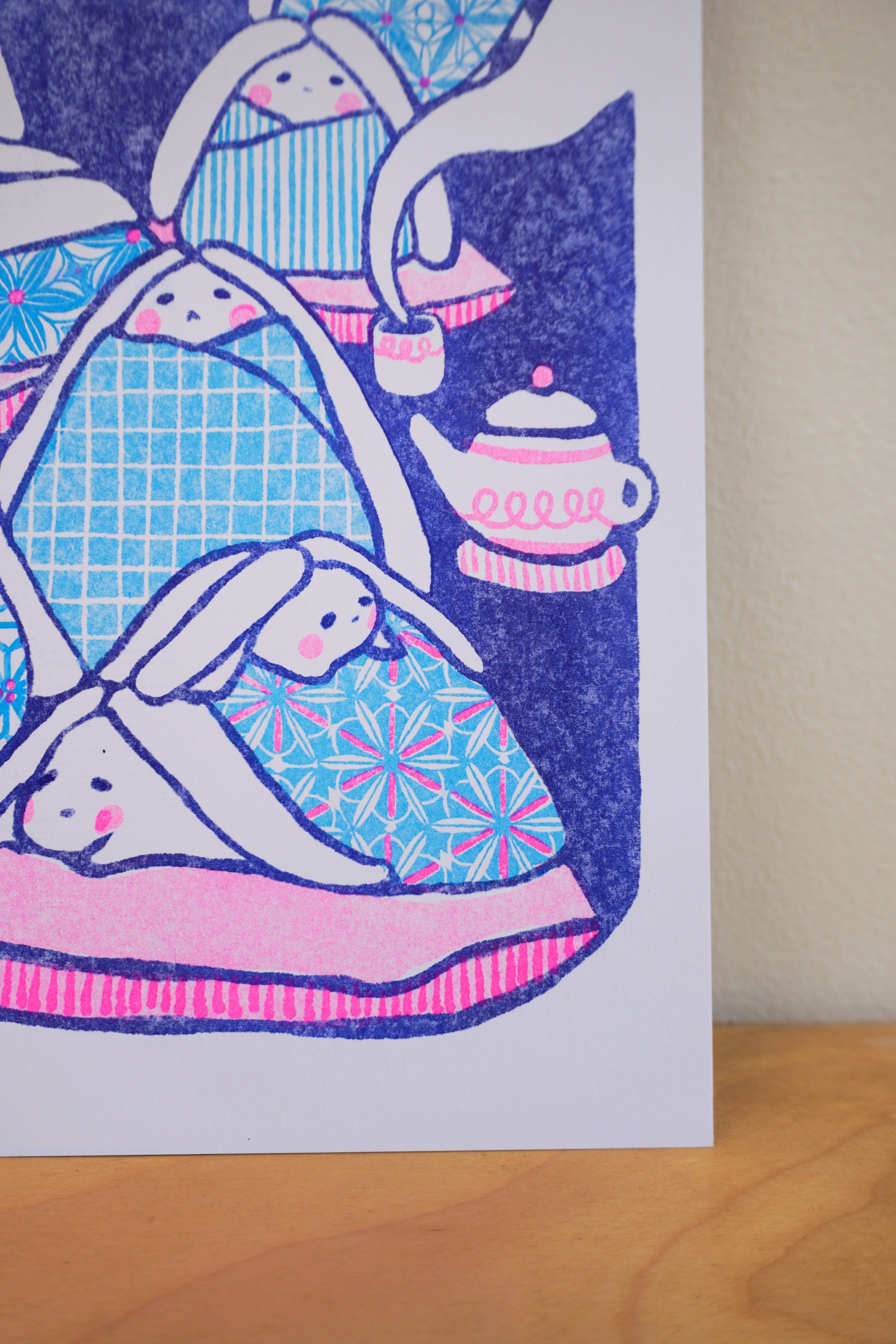 bunny tea time risograph print