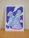 bunny tea time risograph print