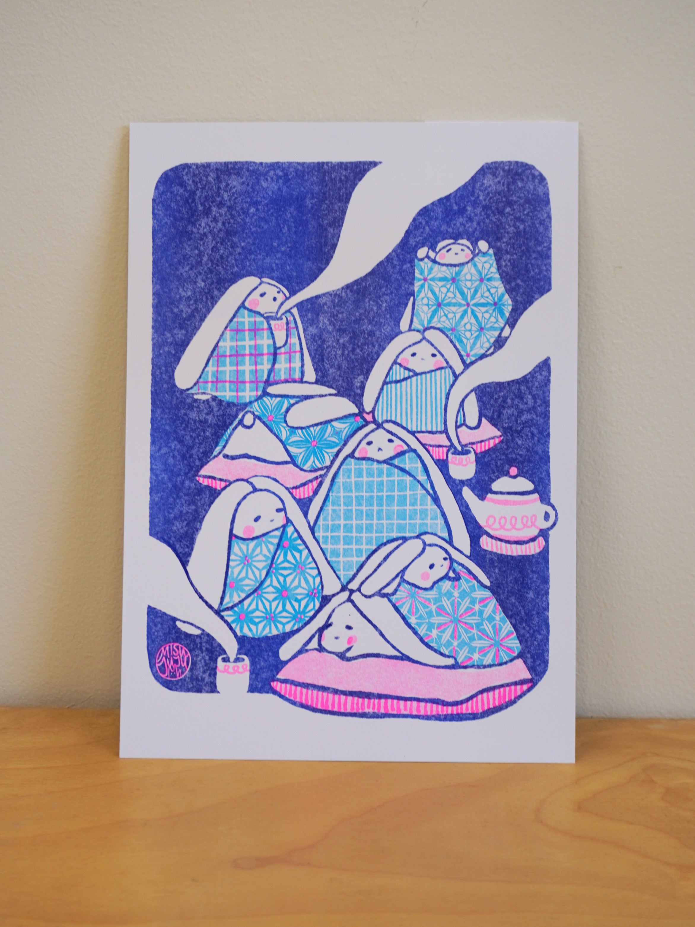 bunny tea time risograph print