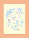 Illustrations of a lamp, flowers, and other elements on a light yellow background with a peach border.