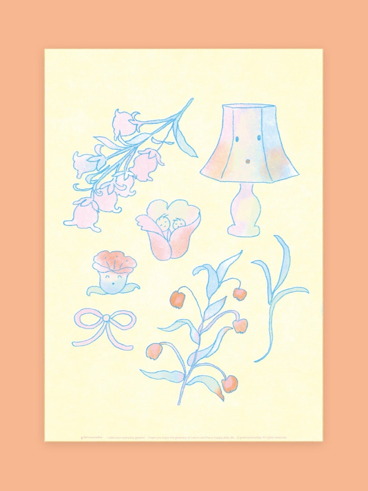 Illustrations of a lamp, flowers, and other elements on a light yellow background with a peach border.