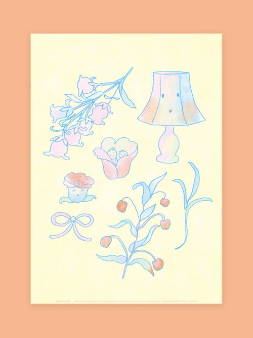 Illustrations of a lamp, flowers, and other elements on a light yellow background with a peach border.