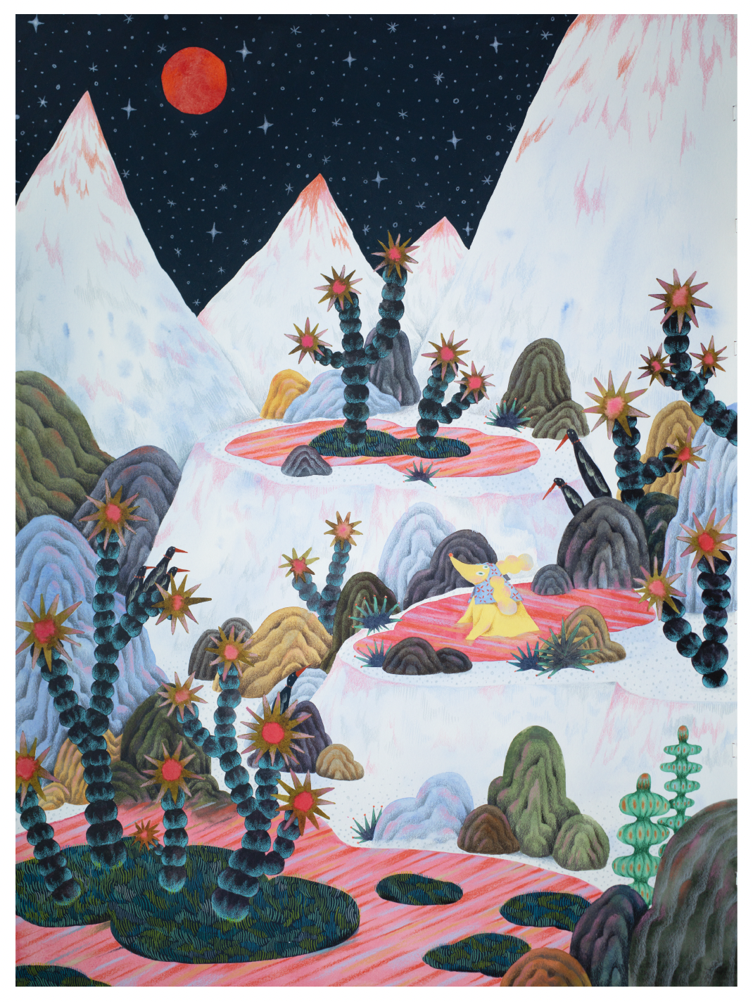 print of hot spring dog, grass patch and night sky