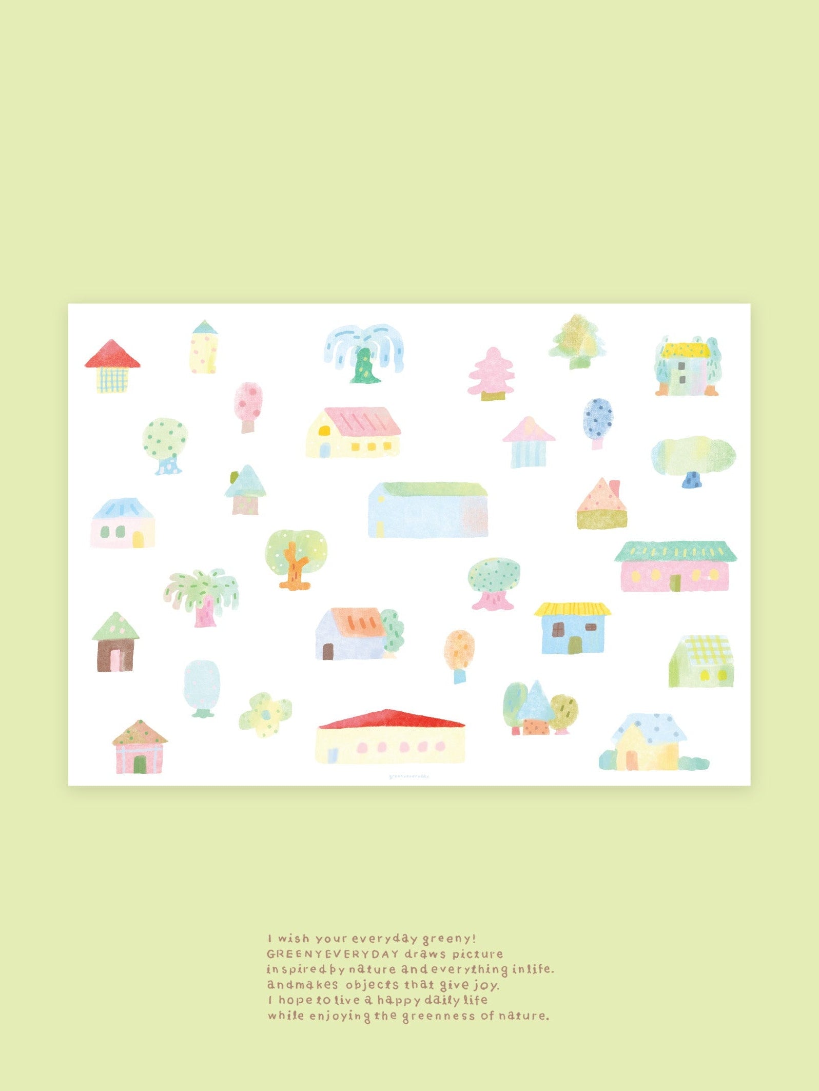 A print of colorful illustrated houses, trees and flowers depicting a whimsical village